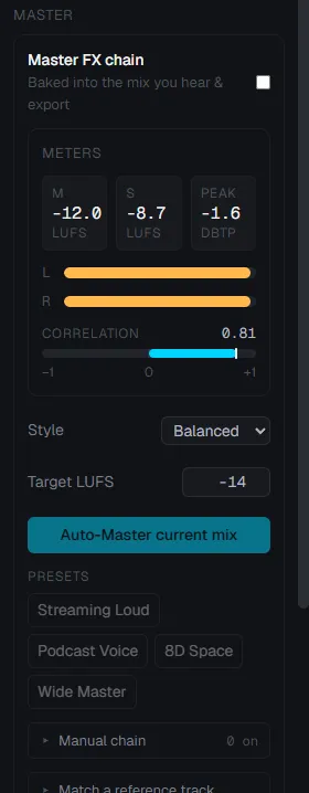 Bagian Master di drawer Audio ahcut: rantai Master FX, meter loudness M -12.0 LUFS, S -8.7 LUFS, Peak -1.6 dBTP, meter kiri dan kanan, korelasi 0.81, target LUFS -14, tombol Auto-Master, dan preset Streaming Loud, Podcast Voice, 8D Space, serta Wide Master.