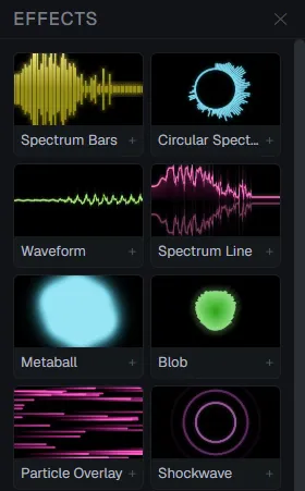 Drawer Effects ahcut dengan thumbnail efek Spectrum Bars, Circular Spectrum, Waveform, Spectrum Line, Metaball, Blob, Particle Overlay, dan Shockwave.