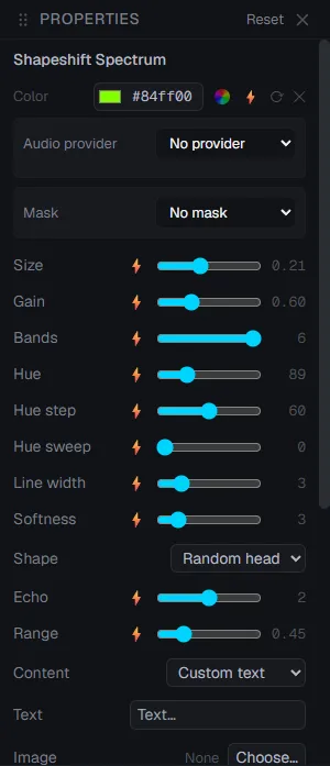 Panel Properties ahcut untuk efek Shapeshift Spectrum: warna, pilihan Audio provider dan Mask, serta slider Size, Gain, Bands, Hue, Hue step, Hue sweep, Line width, Softness, Echo, dan Range yang masing-masing diberi ikon petir untuk mengikat parameter ke audio.