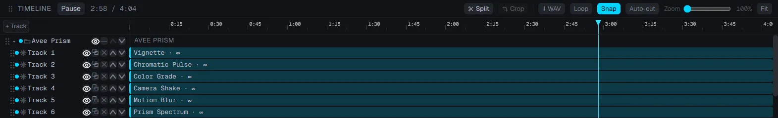 Timeline ahcut: tombol Pause, posisi 2:58 dari 4:04, tombol Split, Crop, WAV, Loop, Snap, Auto-cut, dan Zoom, penggaris waktu dengan playhead, serta grup berisi track Vignette, Chromatic Pulse, Color Grade, Camera Shake, Motion Blur, dan Prism Spectrum.